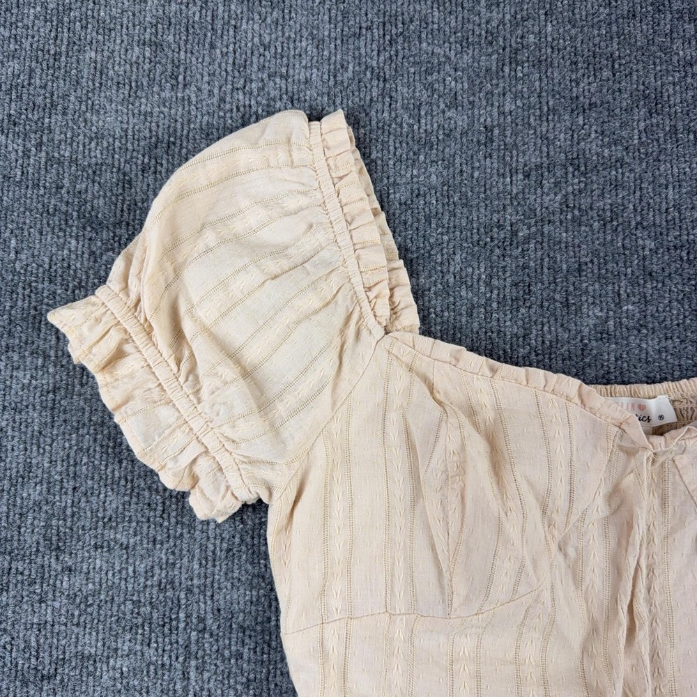 Urban Romantics Blouse Womens Medium Beige Puff Sleeve Smocked Peplum Top - Picture 2 of 9